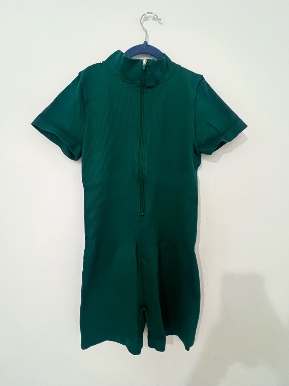 Short-Sleeve Green Women's Romper with Front Zip